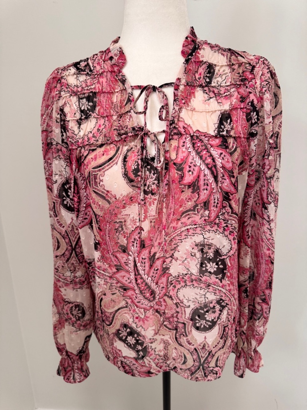 Pink Paisley Sheer Flowy Blouse Tie-Neck Long Sleeve Ruffle Trim Sz S - Picture 2 of 15
